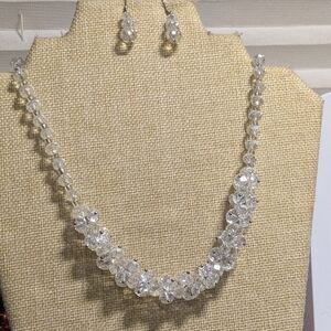 Vintage Clear Faceted Crystal Glass Beaded Cluster Necklace Earrings Set Bridal